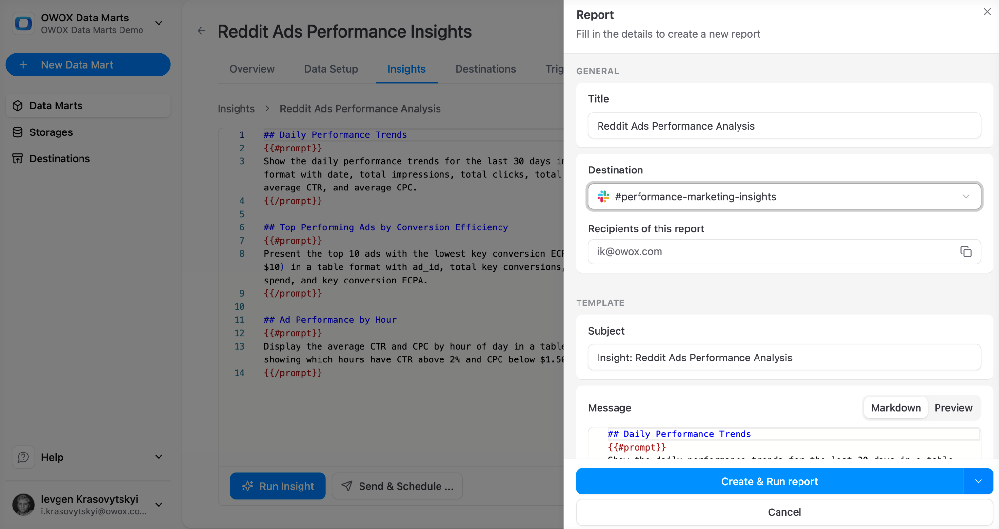 OWOX Data Marts Insights interface showing AI-generated Reddit Ads performance summary with scheduled delivery options to Slack, Microsoft Teams, and email. i-shadow  i-radius