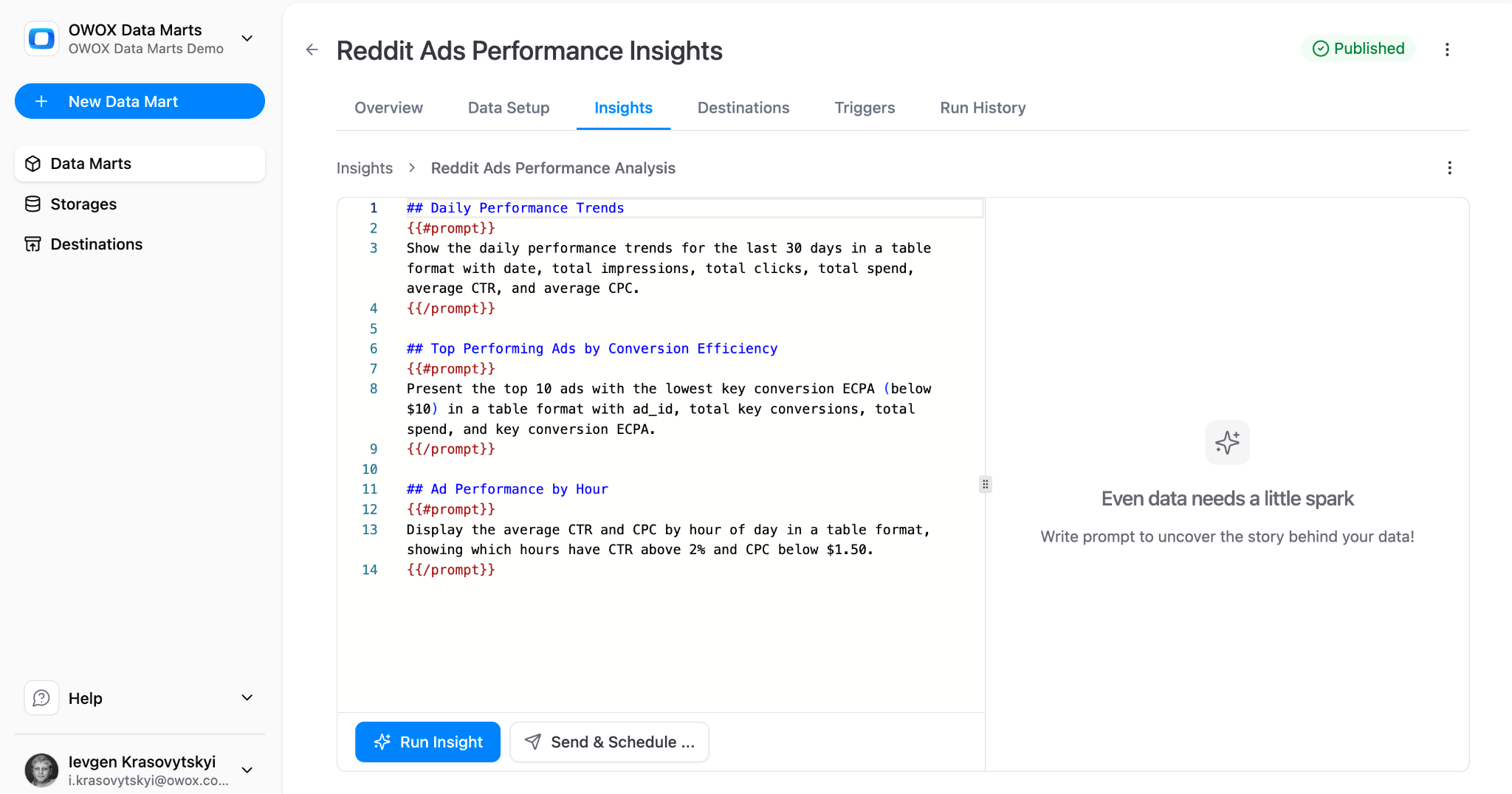  OWOX Data Marts Insights tab showing an AI-generated performance analysis with action steps, integrated with Slack for automated marketing insights delivery. i-shadow i-radius