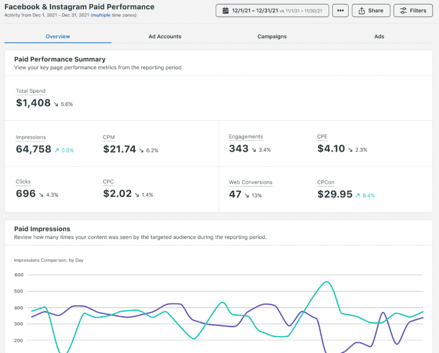 Facebook and Instagram paid performance report showing ad spend, impressions, clicks, and conversions.  i-shadow