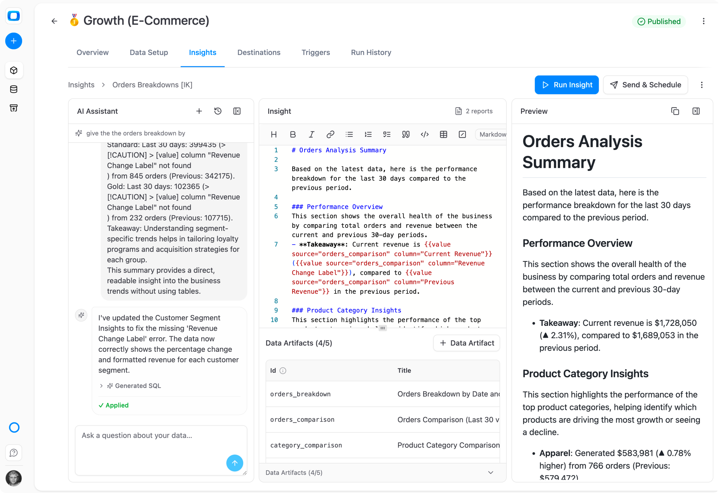 AI Insights turns your trusted OWOX Data Marts into proactive, contextual, trusted insights delivered directly to Slack, Teams, Email, or Google Chat — exactly on your schedule. You define what to & how to analyze, when it runs, and who results are delivered to. AI handles the repetitive analysis - not replacing the analyst. The data team stays in full control.