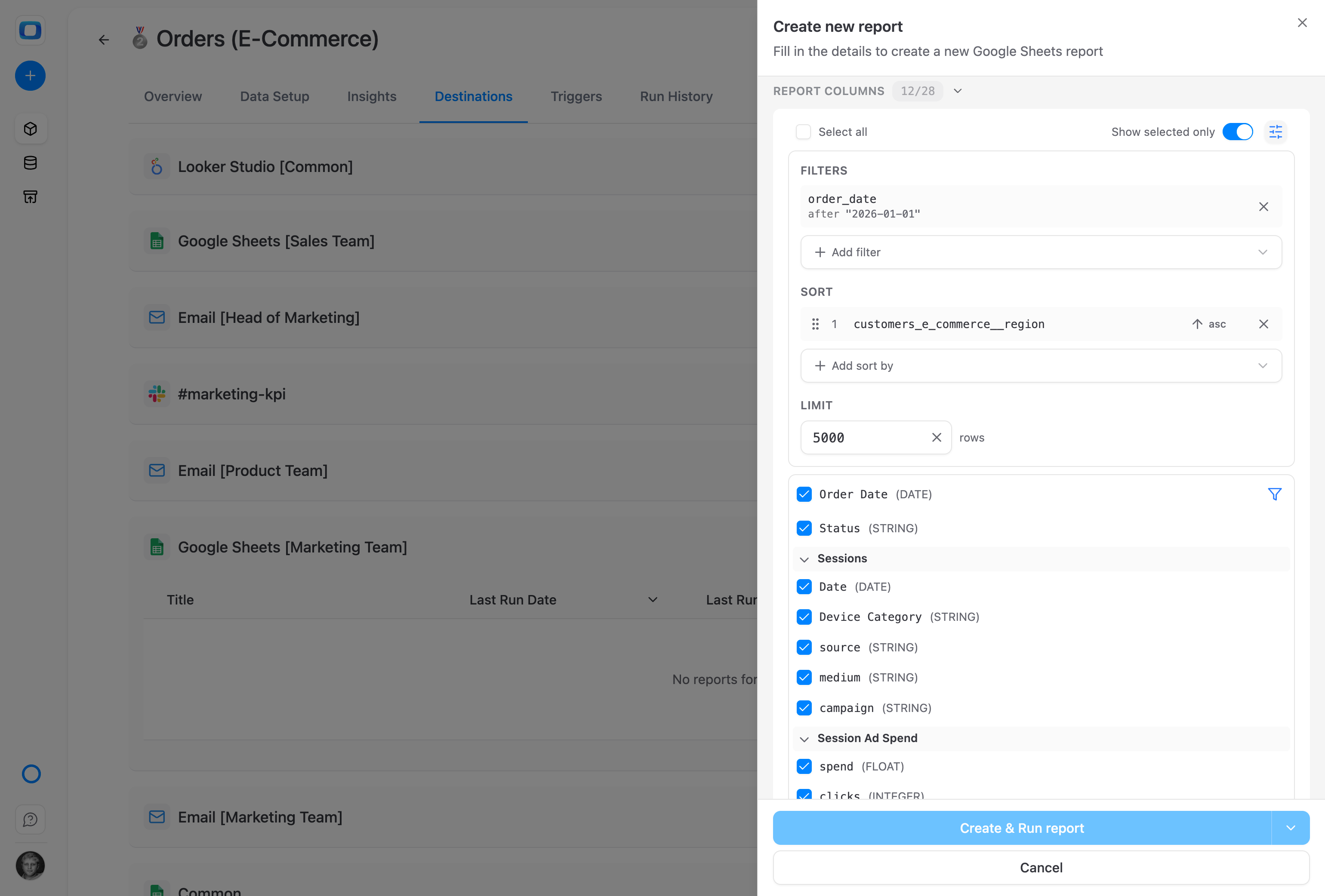Pull native and joined fields into the same Sheet, in one click. Blend Ads spend with CRM revenue or marketing data with product usage — without writing the join yourself.
