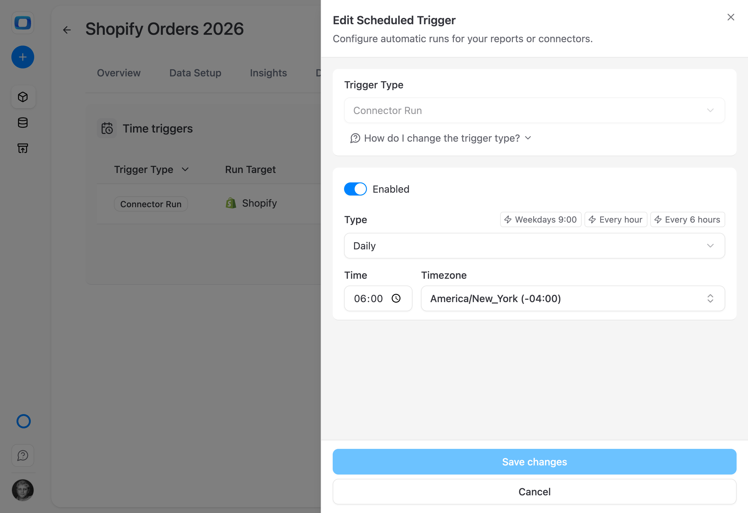 Set when each connector pulls data from Google Ads, Meta, your CRM, or any other source. Hourly, daily, or custom — each source on its own cadence.