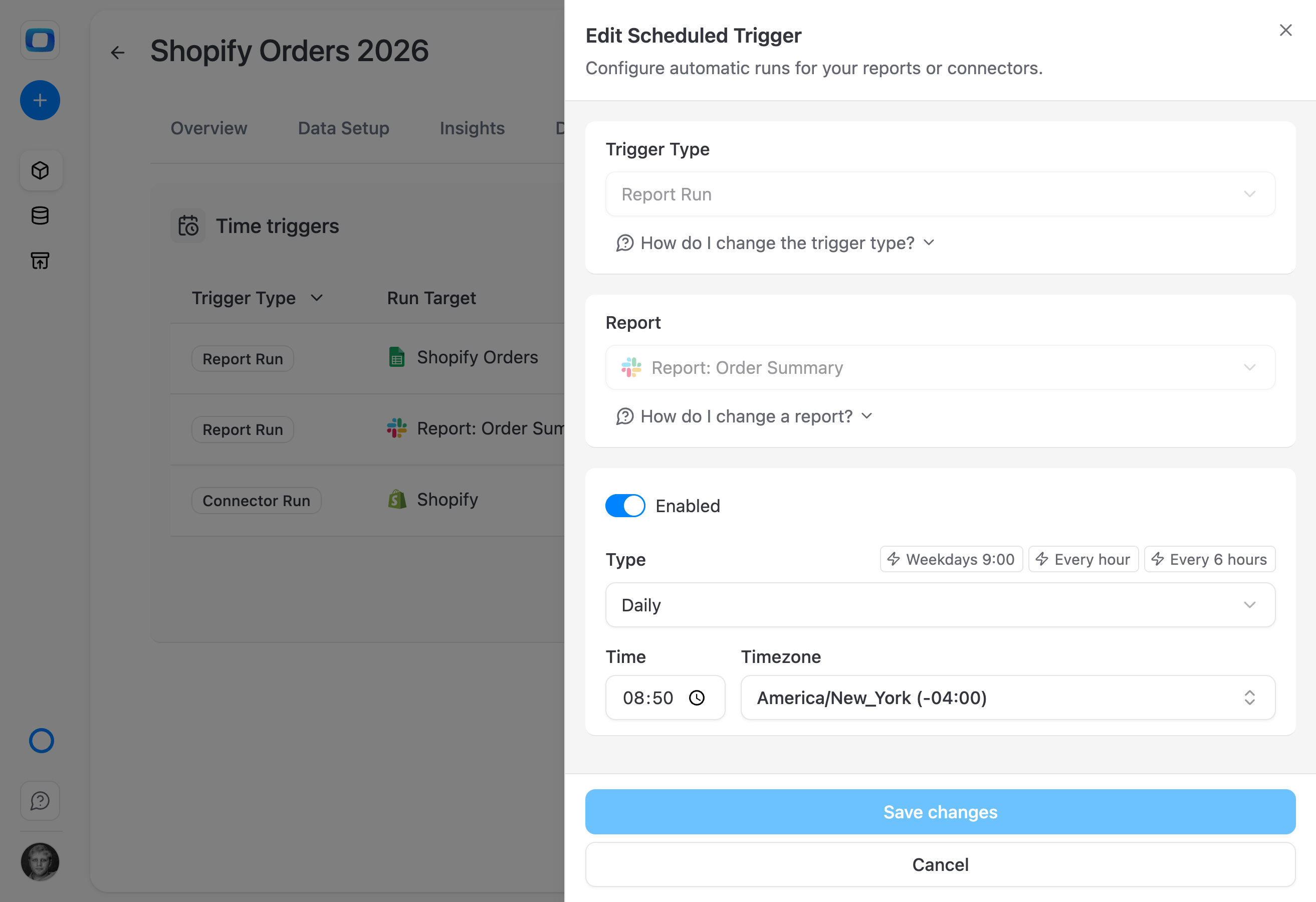 Connector Triggers refresh sources first; Report Triggers refresh reports in Google Sheets next; AI Insights run last with current numbers. The 9 AM briefing is always based on data that arrived overnight.