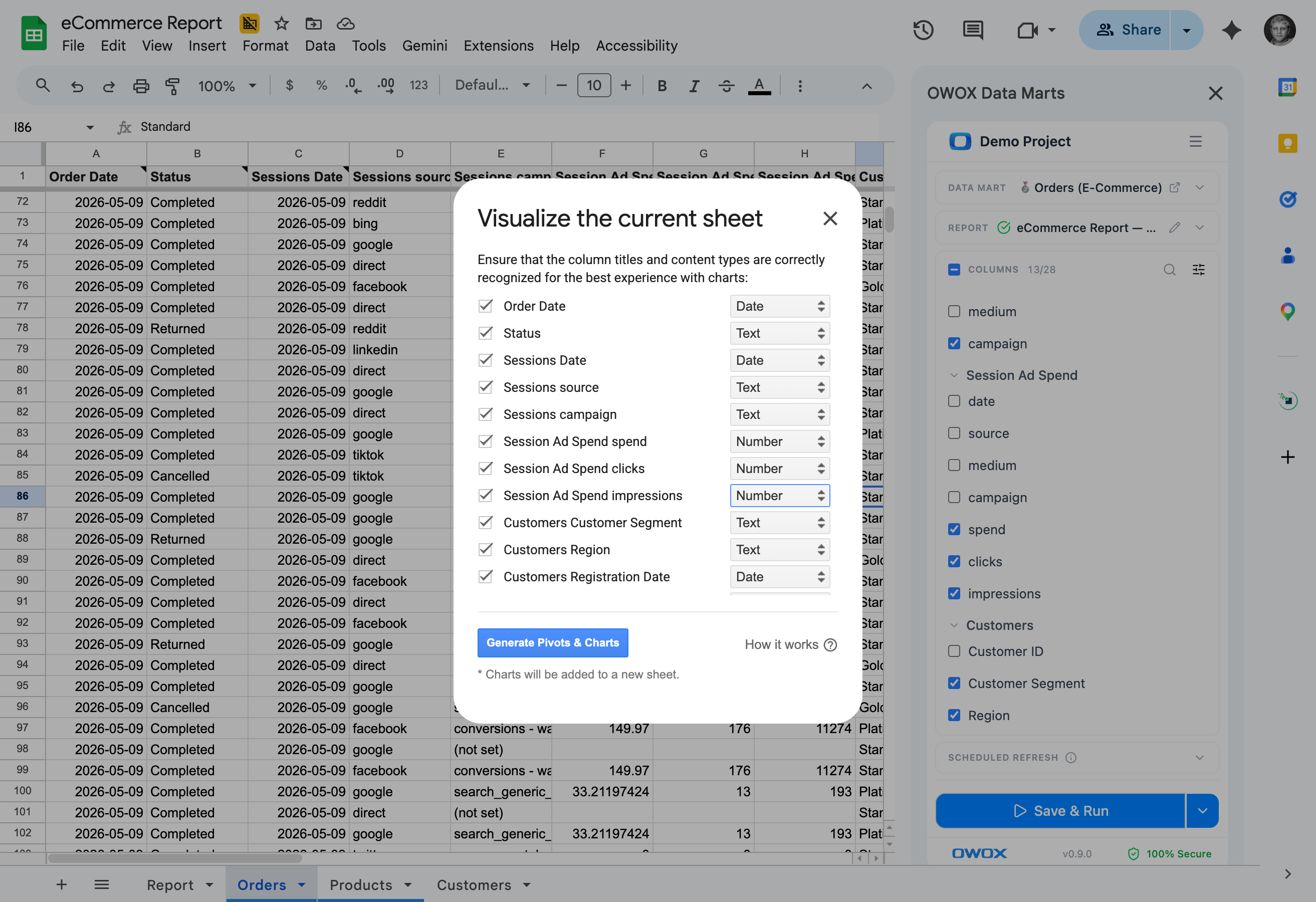 Select the columns and OWOX analyzes the structure – then generates bar charts, line charts, pivots, and cohorts automatically. No chart wizard configuration needed.