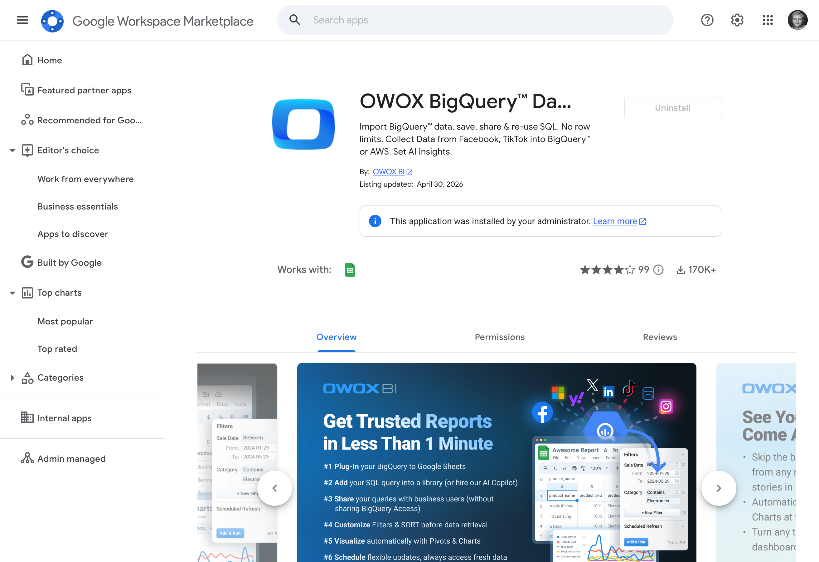 Pivots & Charts is free in every edition. Install the OWOX BigQuery Data Marts extension from Google Workspace Marketplace and start visualizing immediately. No trial, no paywall.