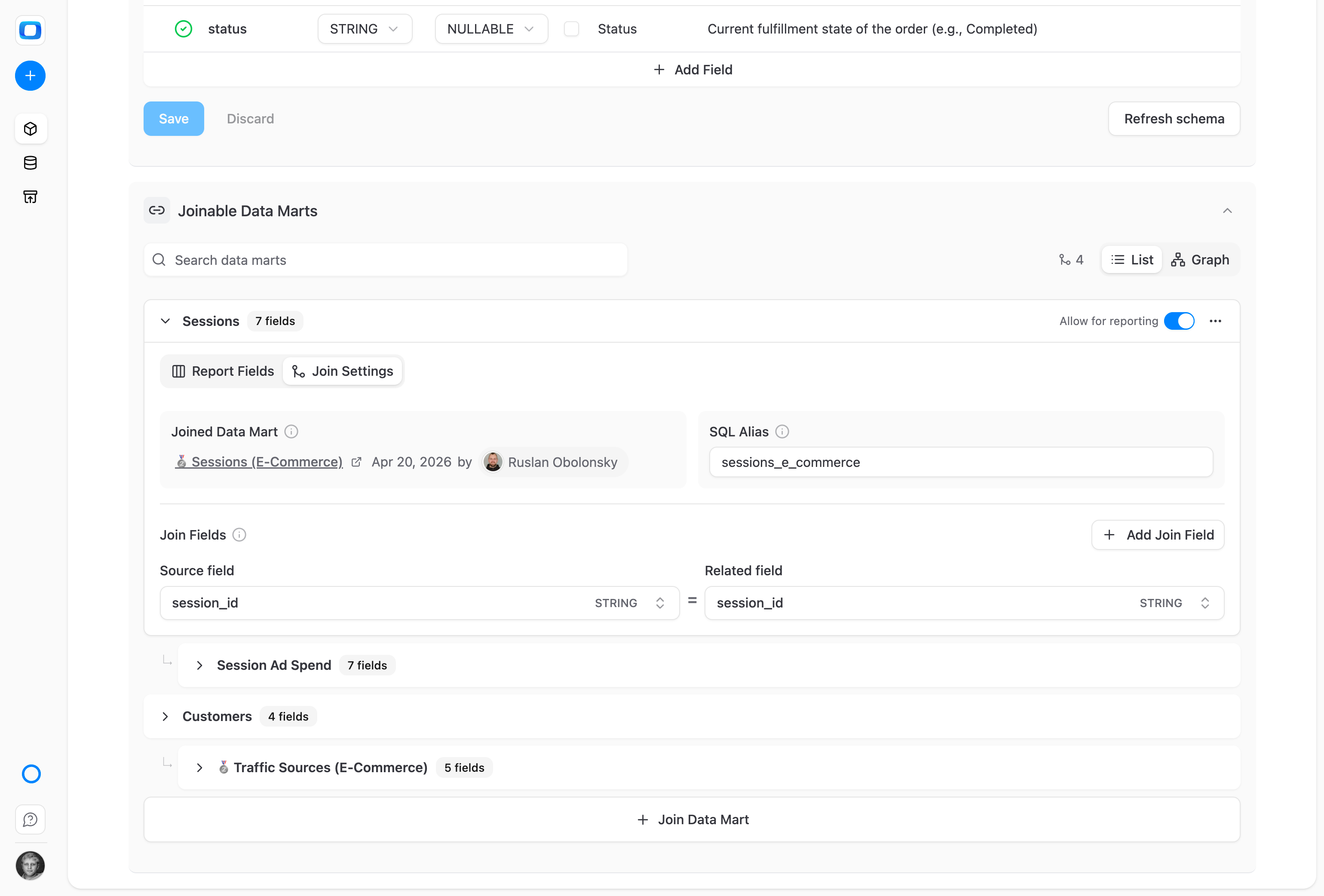 Pick two Data Marts, choose the join keys, and you're done. No 200-page LookML repo, no central modeling team — just relationships that match how your business already works.