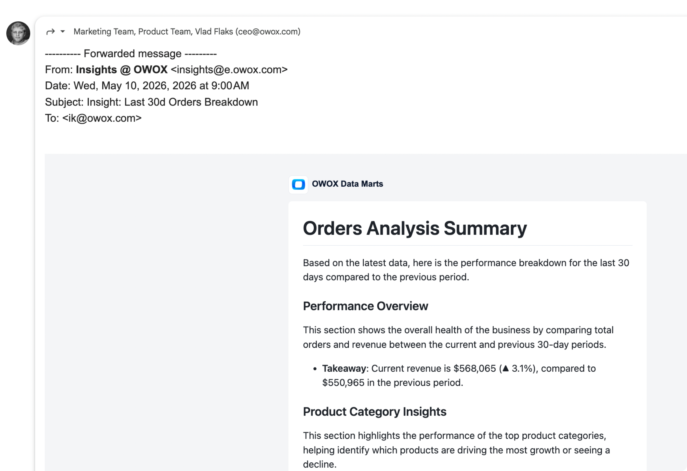 Receive ready-to-share analysis in email, Teams, or Google Chat. Copy it into your deck, forward to your manager, or just read it with your coffee.