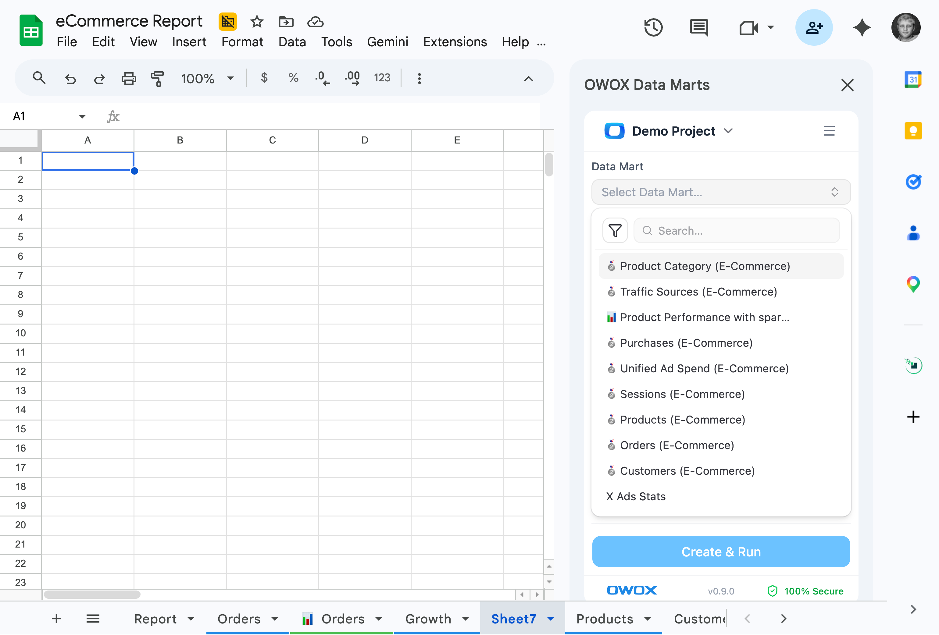 Open the OWOX extension, browse the Data Marts your data team has made available, and pull them into your Sheet – no warehouse login, no SQL, no ticket.
