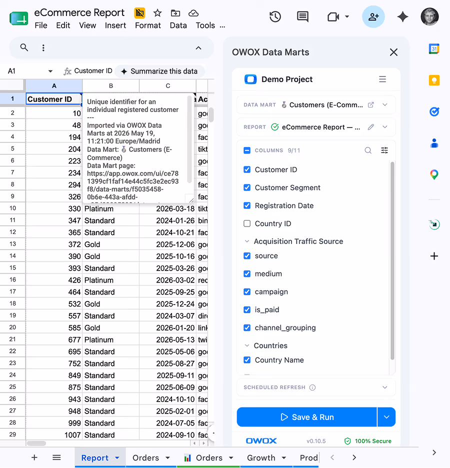 Databricks notebooks are powerful but invisible to business users. OWOX turns your lakehouse tables into governed, self-service Sheets reports — with a column picker your team actually understands. No notebooks. No SQL. Just data they can use.