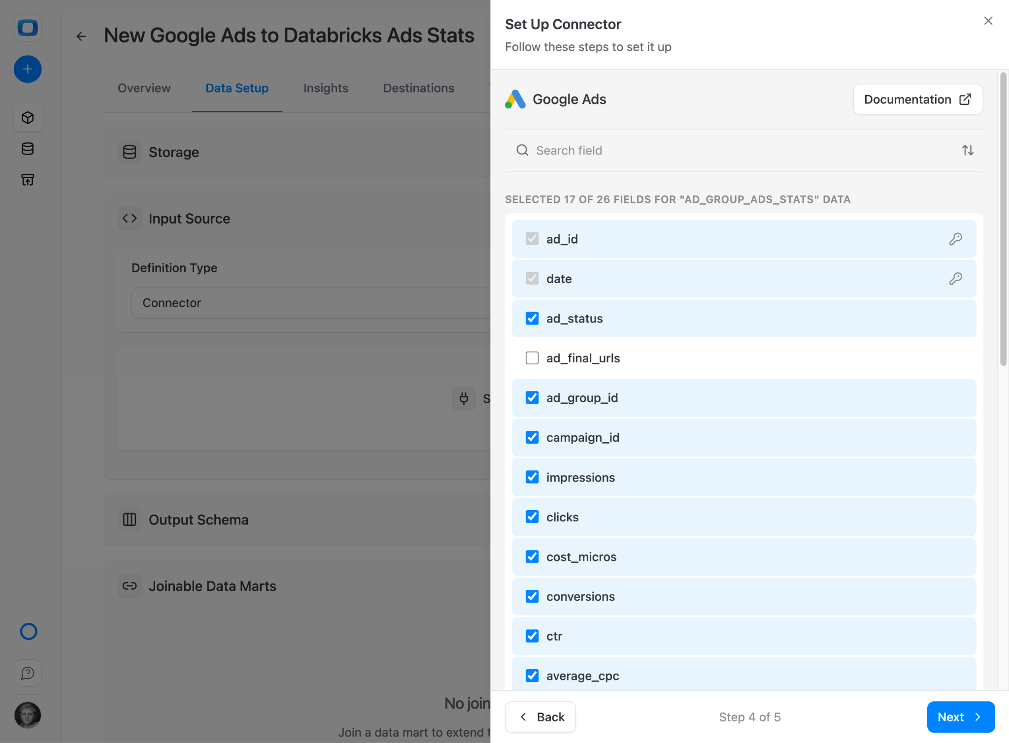 OWOX Google Ads field selection for customizing which data columns import into Databricks. i-shadow