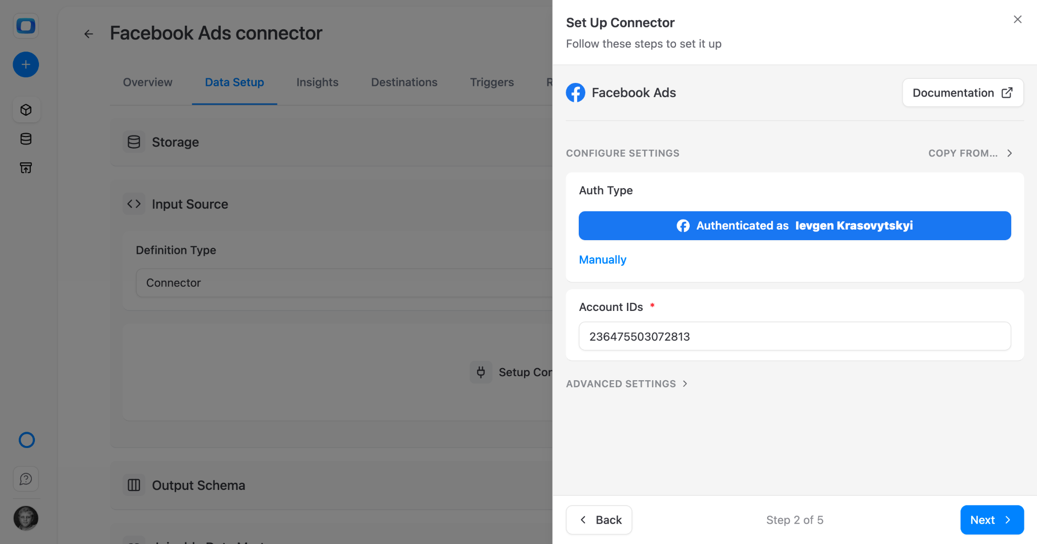OWOX Facebook Ads account selection after OAuth authorization
