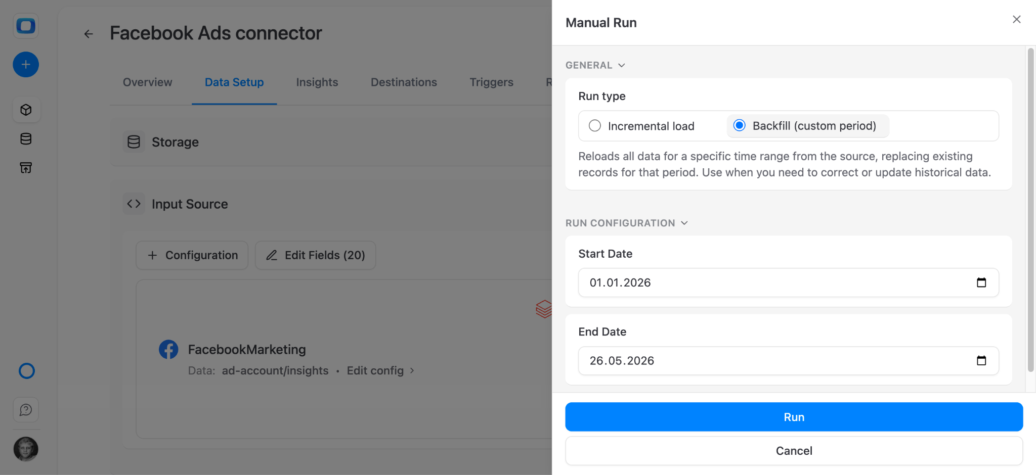 OWOX data mart ready to run with Run Now button for initial Facebook Ads data import to Databricks