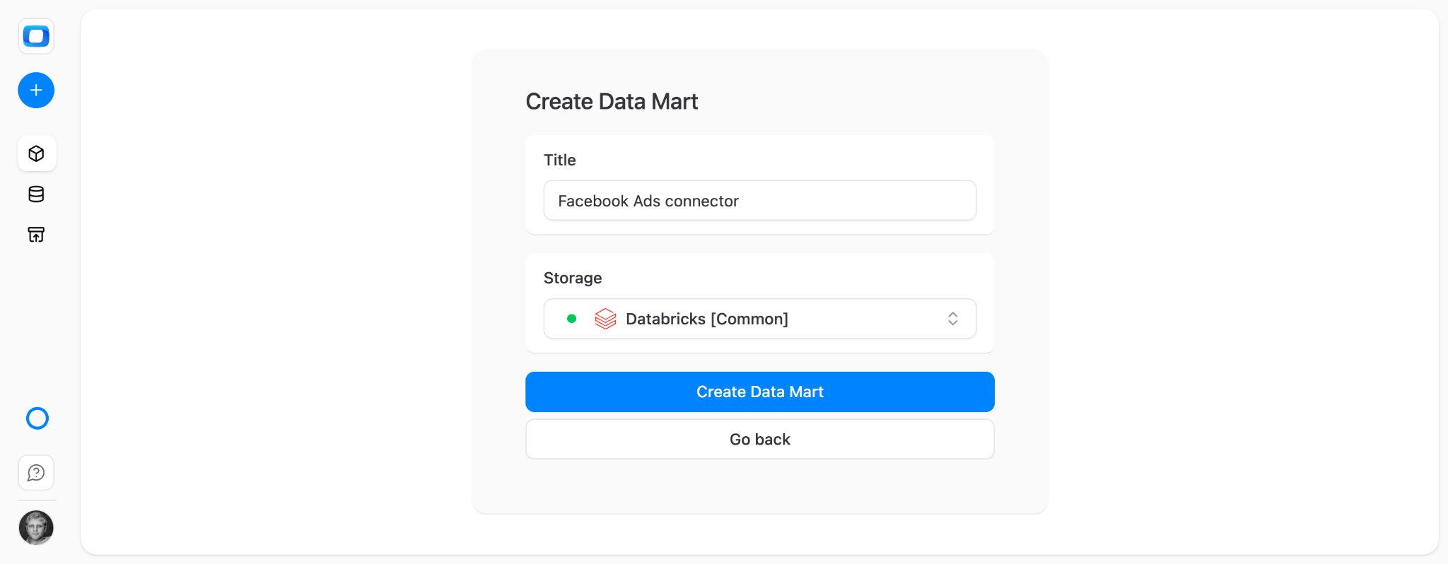 OWOX Data Marts page with Create Data Mart button for setting up Facebook Ads connector