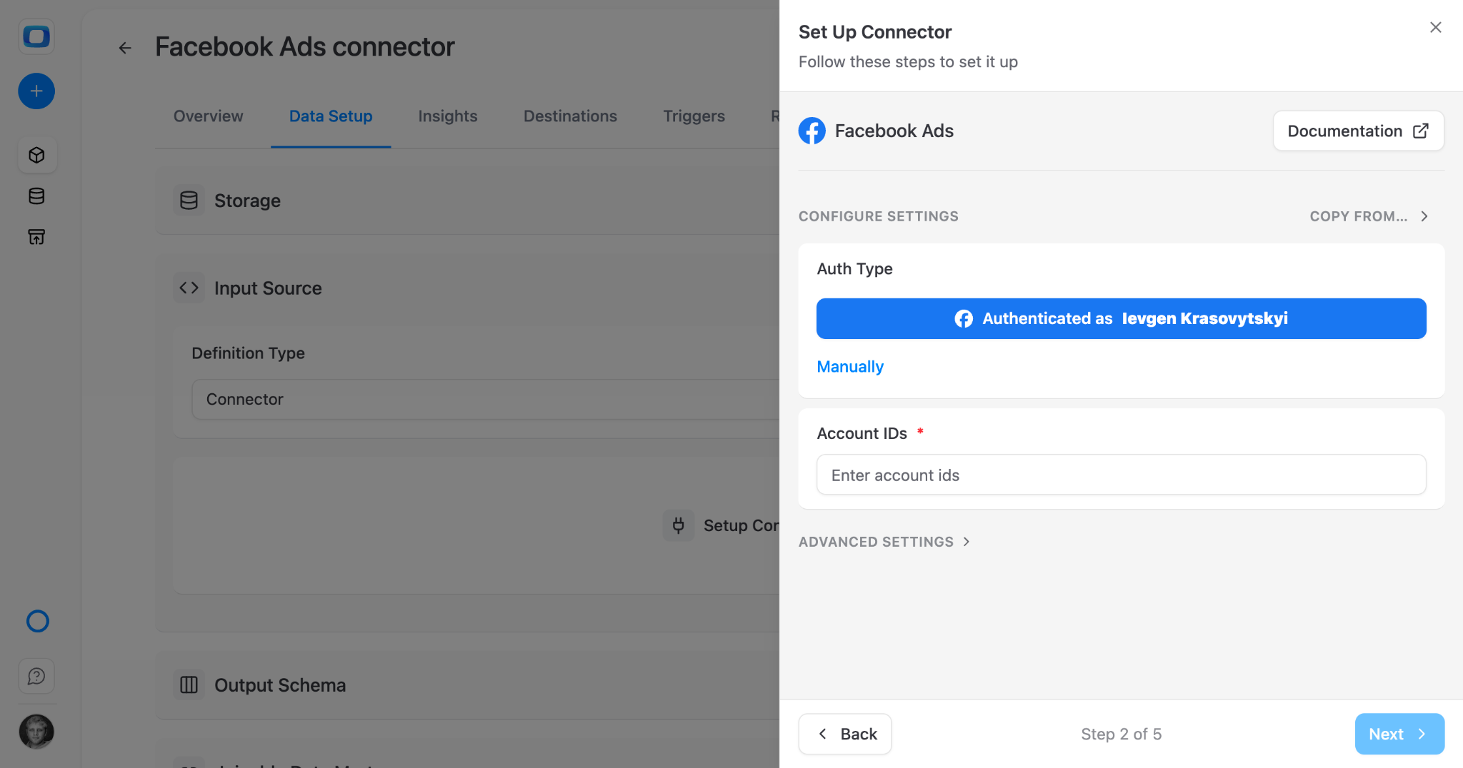 Facebook OAuth authorization screen for connecting Facebook Ads account to OWOX