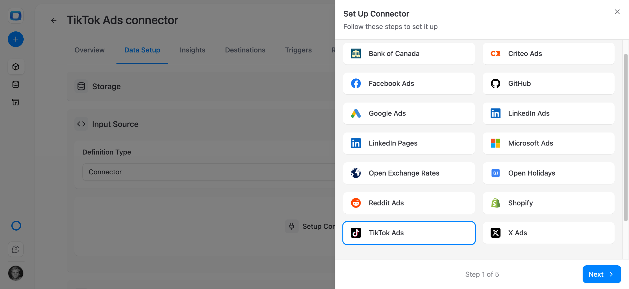 TikTok connector library showing TikTok Ads among available data source connectors