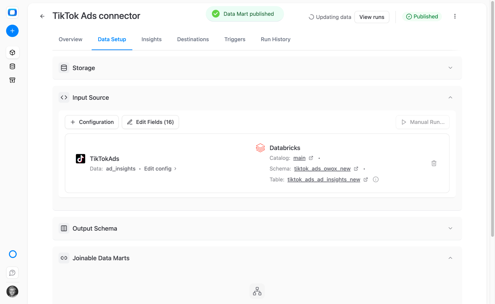 OWOX data mart publish screen showing TikTok Ads to Databricks pipeline configuration summary