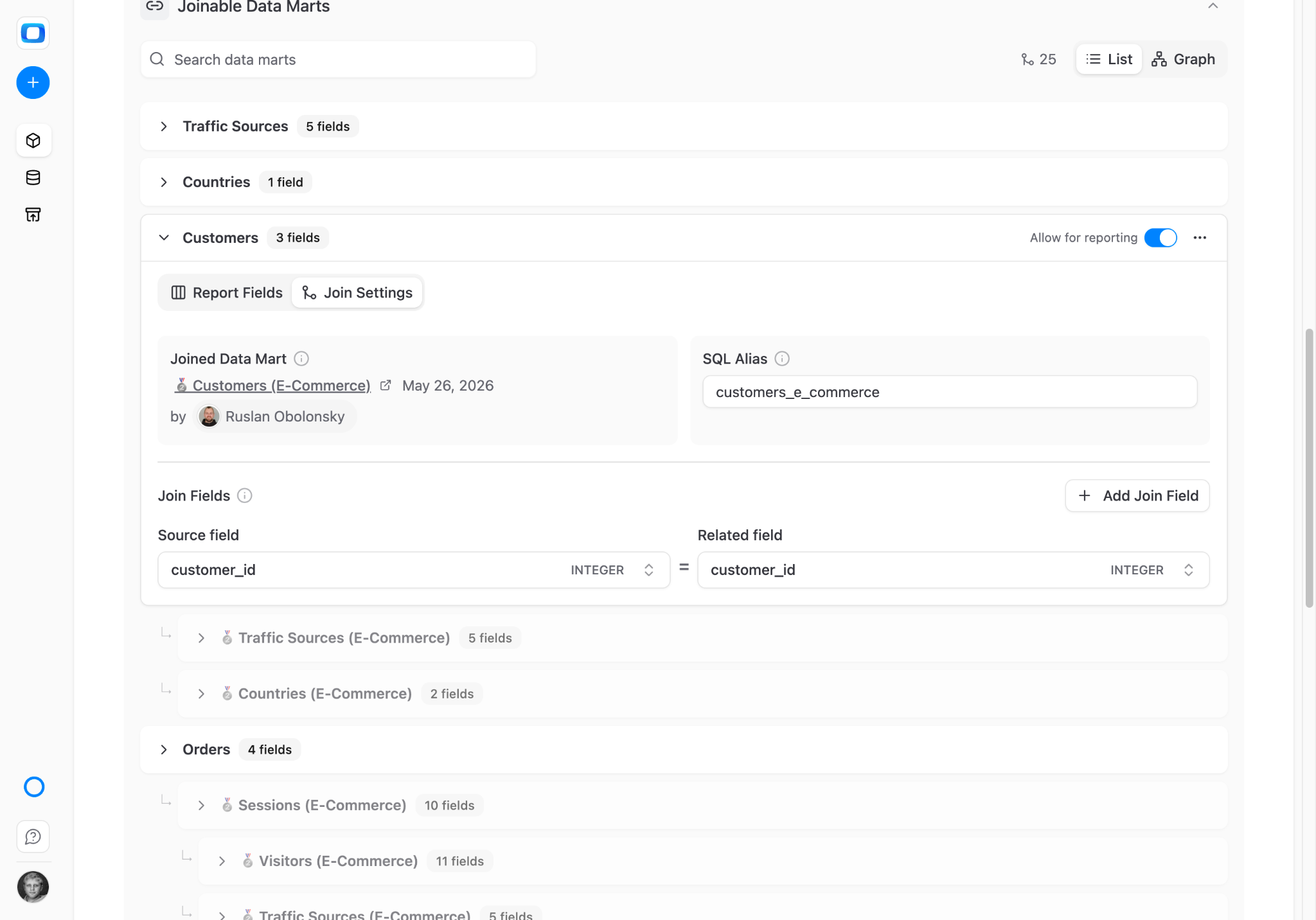 Configuring joinable data marts in OWOX to create a semantic layer for self-service reporting