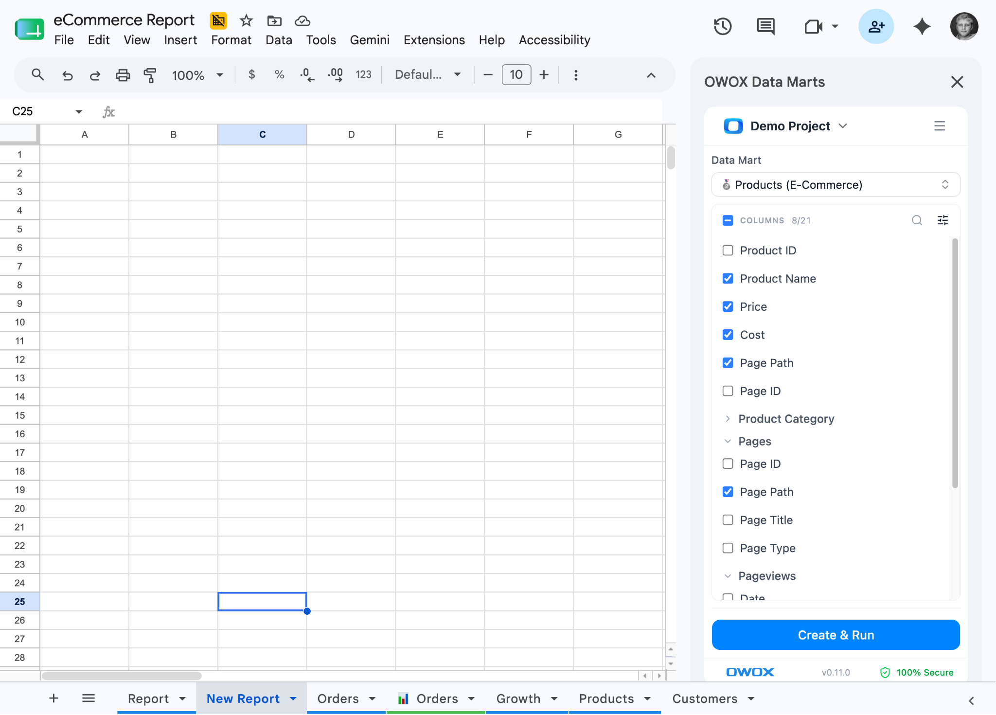 Select columns – both native columns and columns from joined data marts appear in the same picker. The business user doesn't need to know which data mart each column comes from.