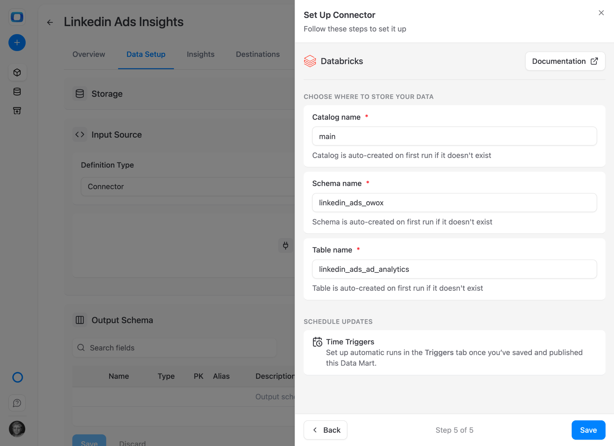 OWOX Databricks destination configuration with catalog, schema, and table prefix settings
