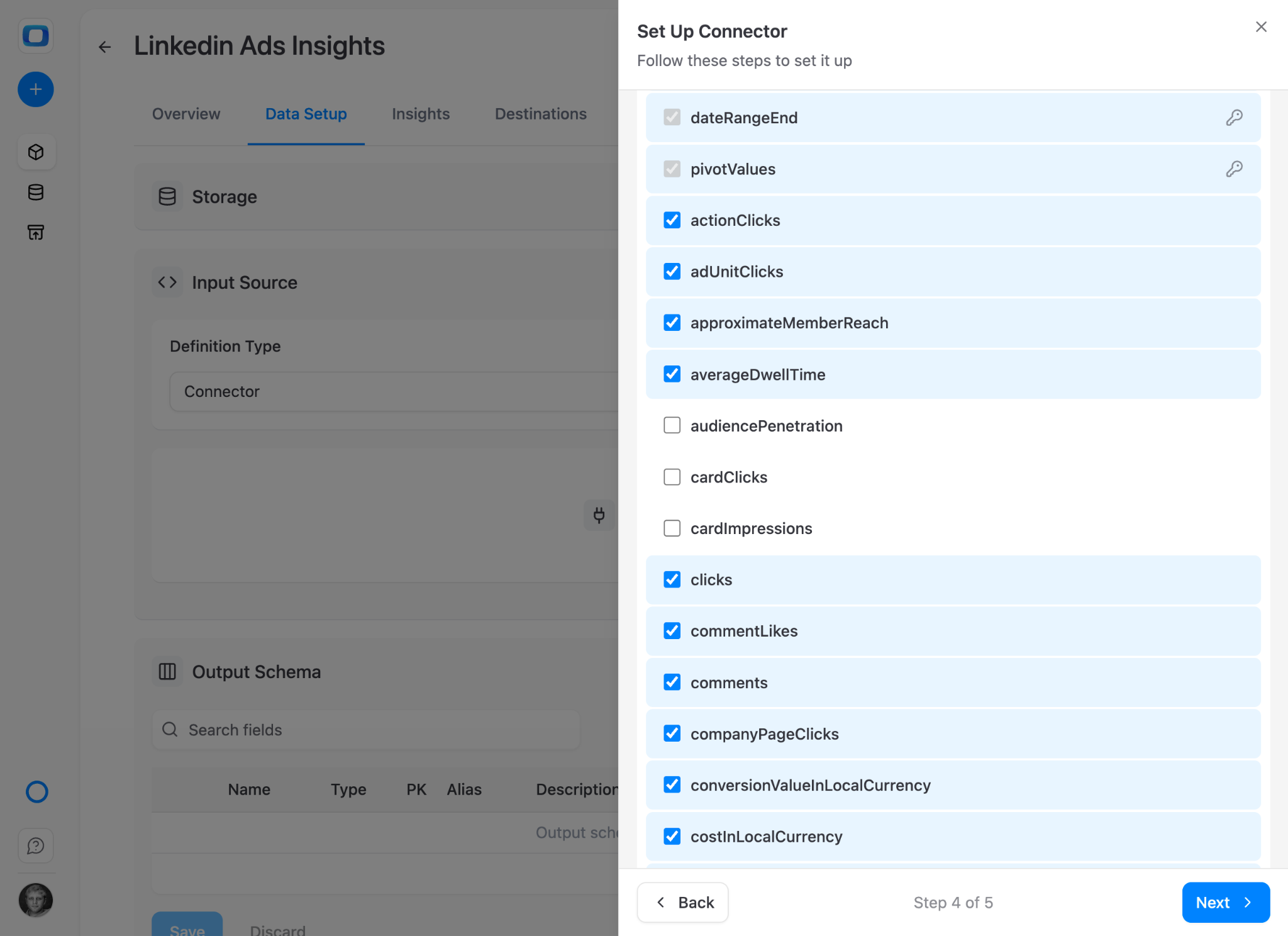 OWOX LinkedIn Ads field selection for customizing which data columns import into Databricks