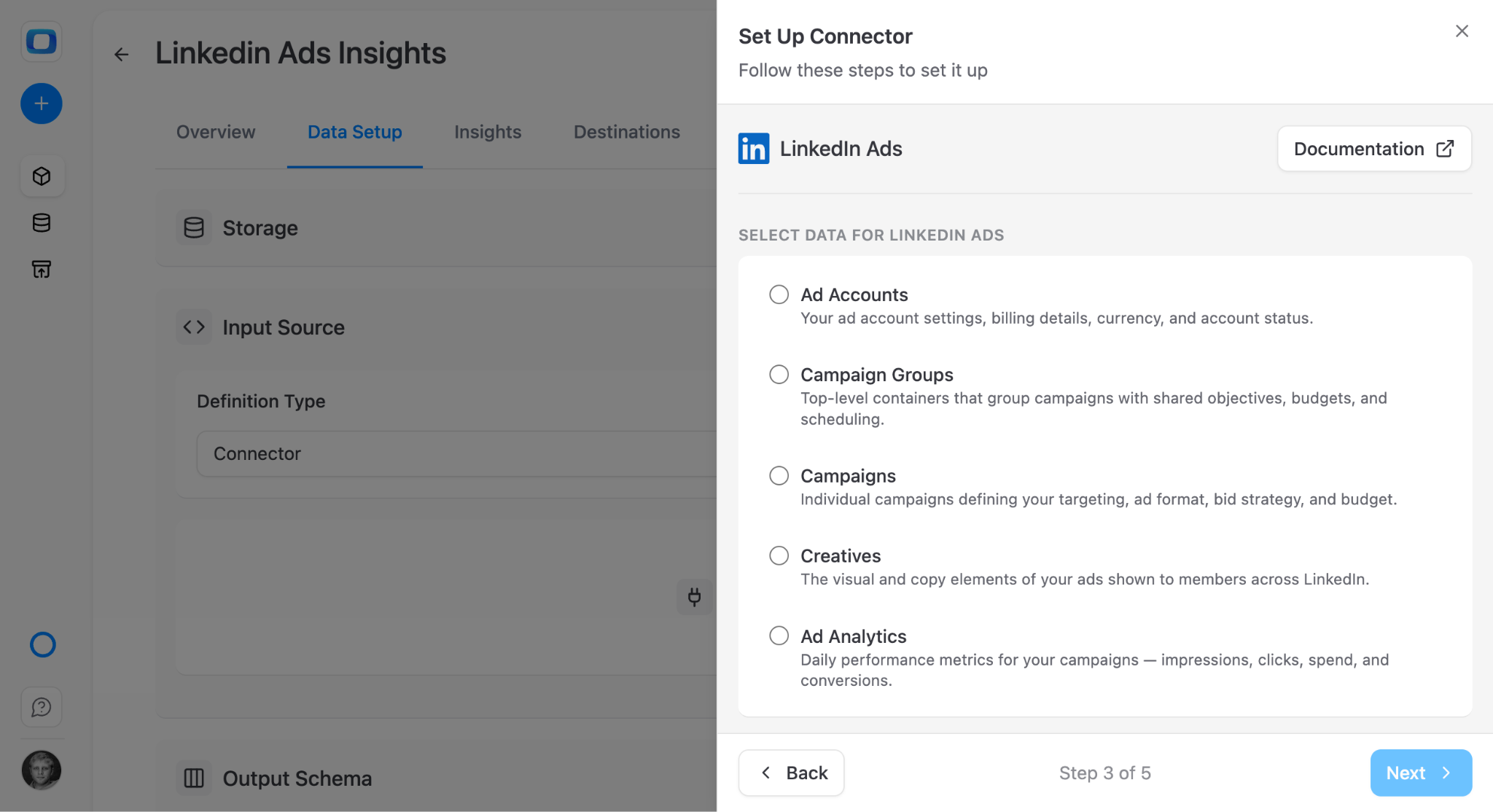 OWOX LinkedIn Ads endpoint selection showing available API resources for Databricks import