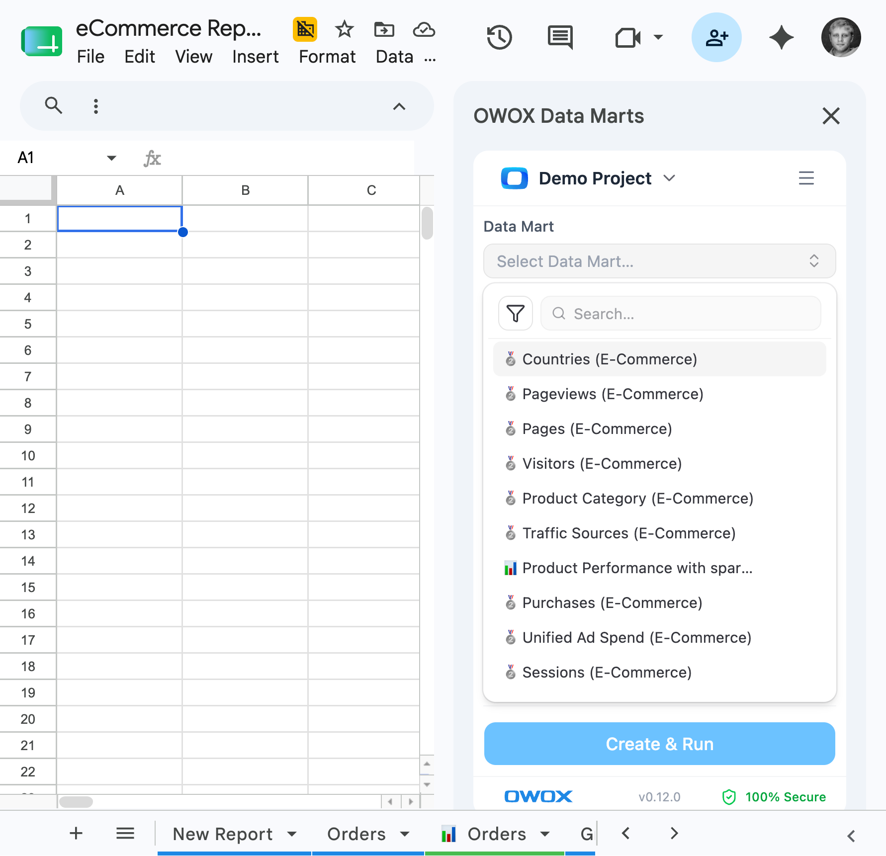 OWOX Data Marts Google Sheets Extension showing business user browsing governed data mart library and selecting columns without SQL