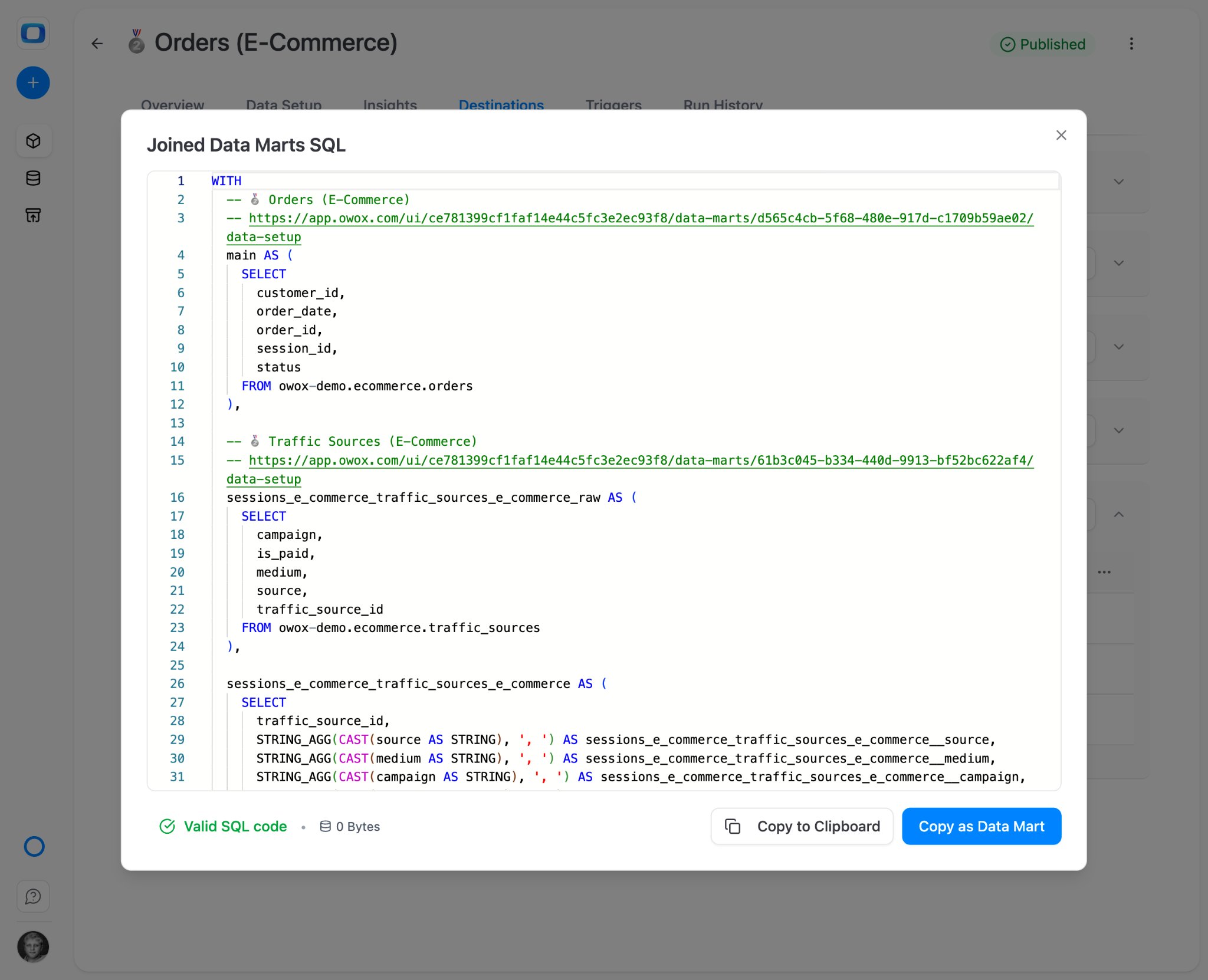 OWOX Data Mart library with governed datasets showing metadata, ownership, and refresh schedules