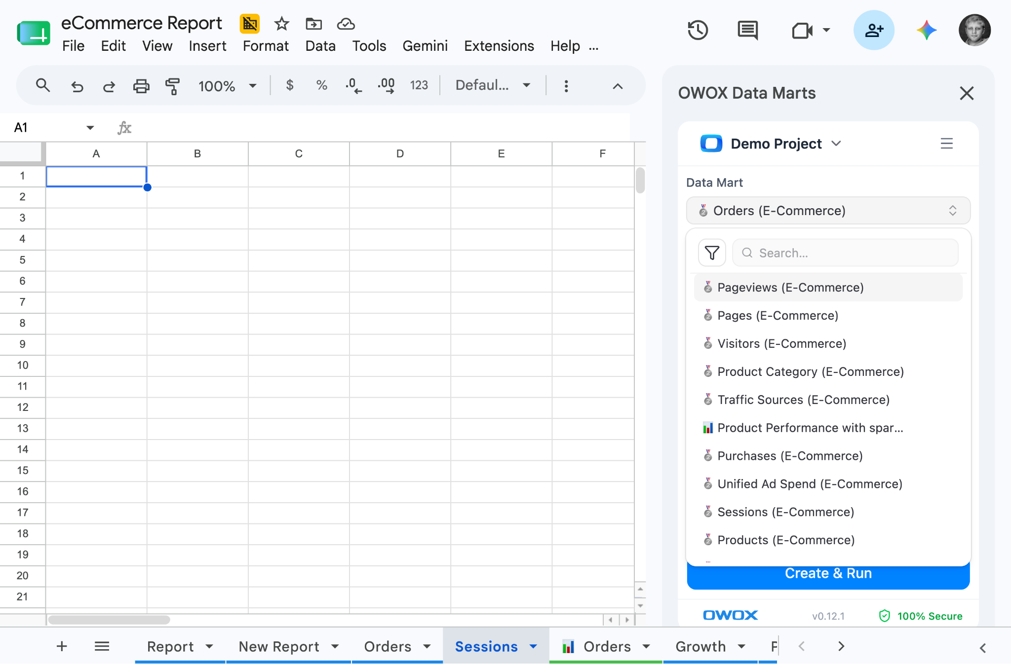 OWOX Data Marts in Google Sheets showing a marketer pulling ROAS by channel from joined campaign and revenue data marts