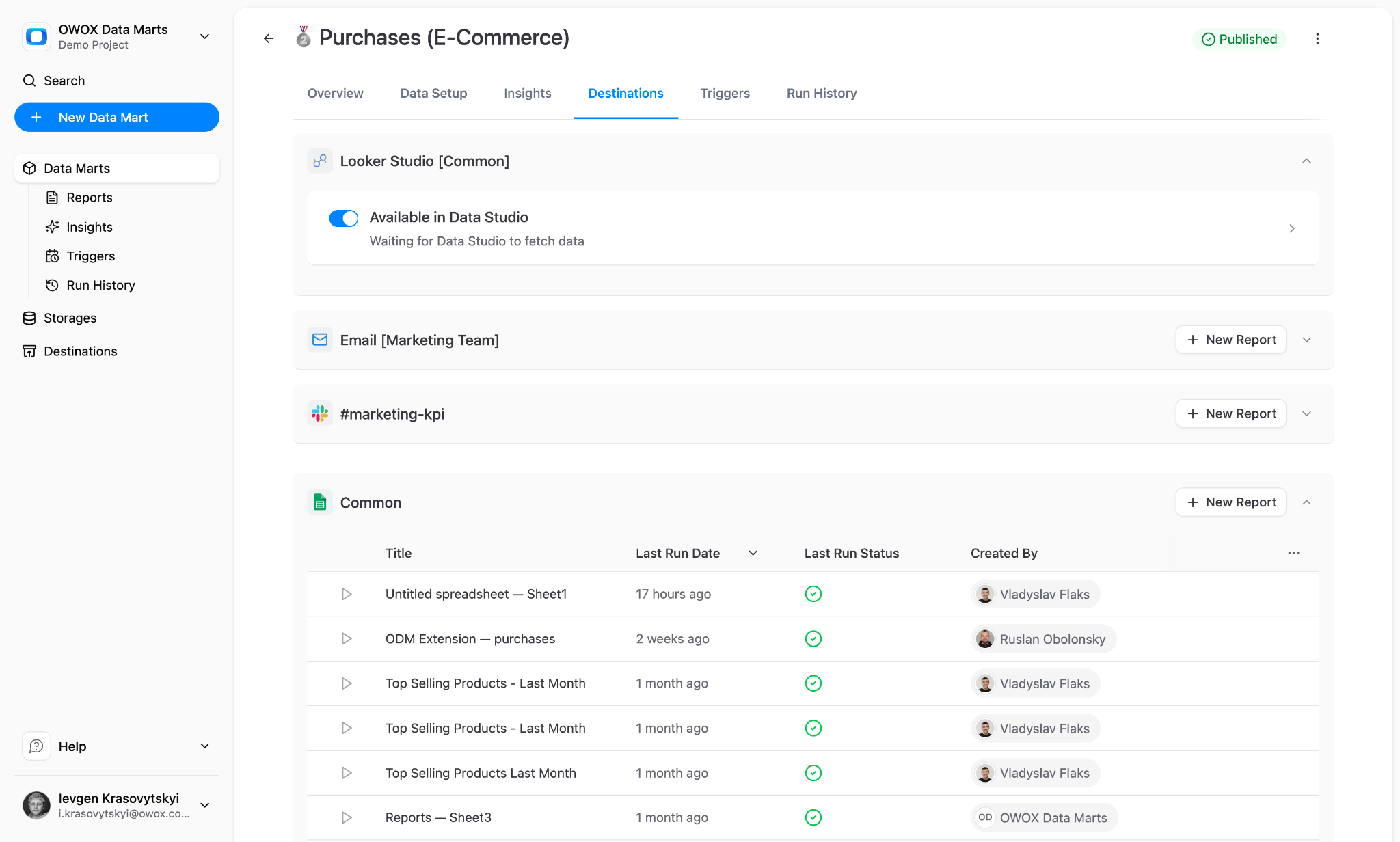 OWOX spreadsheet reporting pushes data mart results directly to Google Sheets on schedule