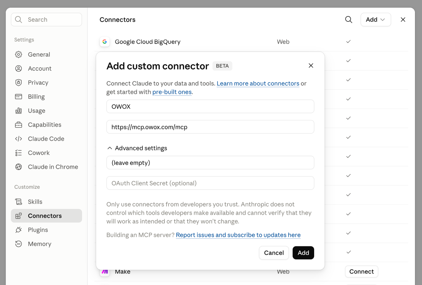 Connect OWOX to Claude or ChatGPT in one click via OAuth. No new tool to learn, no raw warehouse access granted.