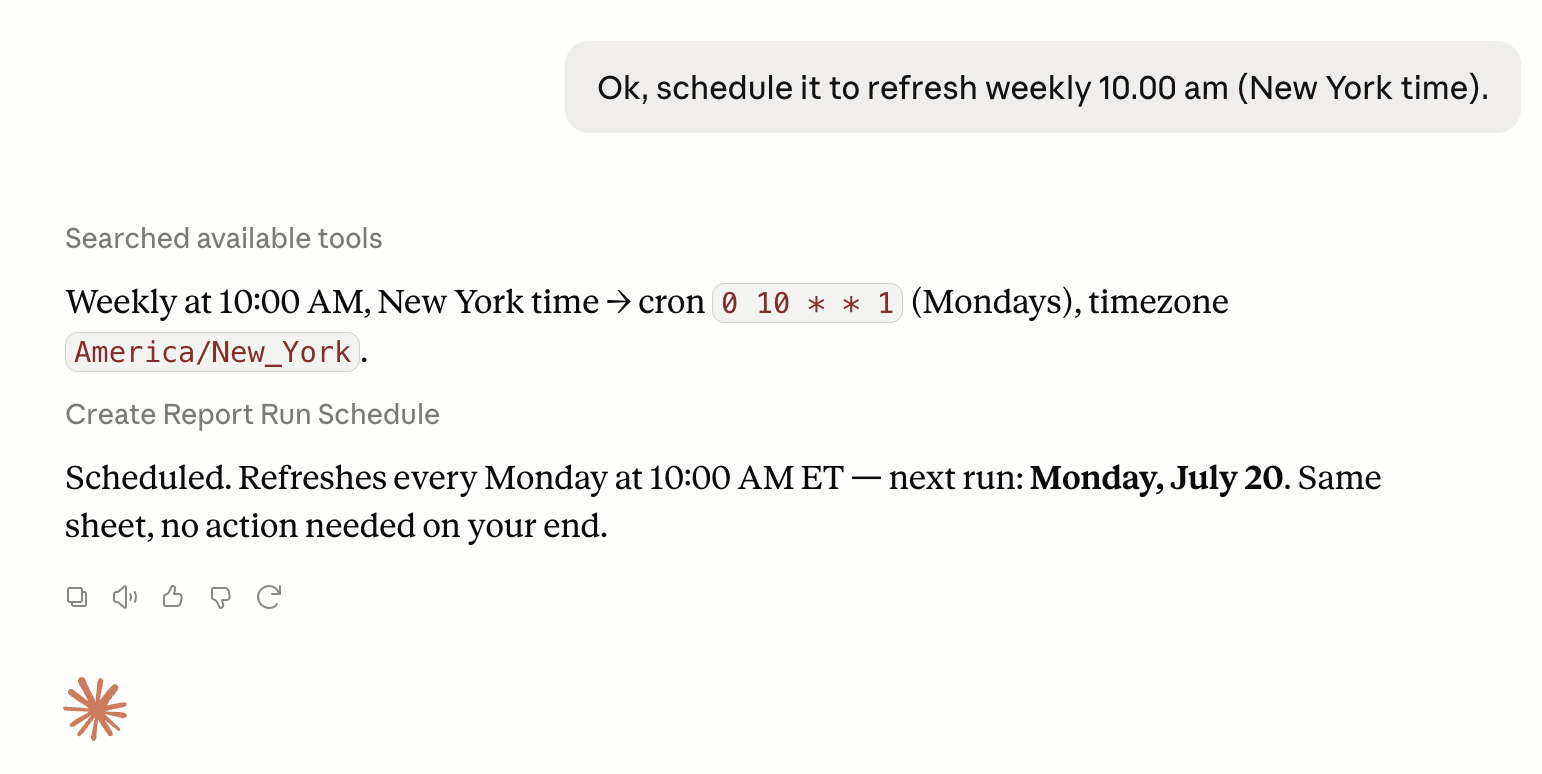 OWOX MCP scheduling a weekly Monday 10am refresh of the hand-off Google Sheet, confirming the same sheet updates with no manual action.