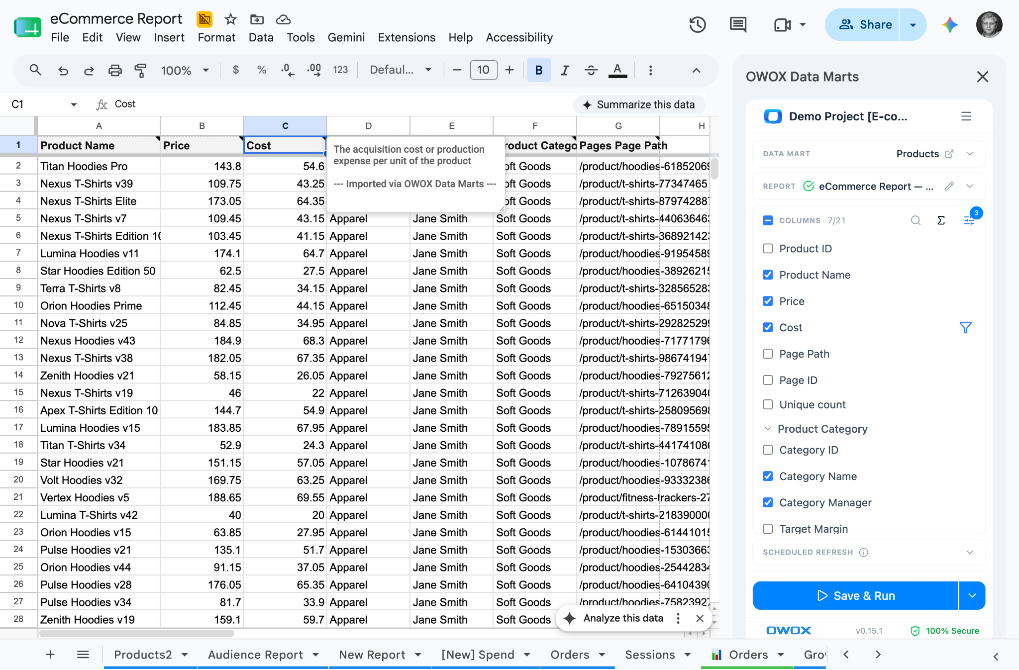 Screenshot of the OWOX interface showing a data mart being connected to a Google Sheets report with a one-click refresh button