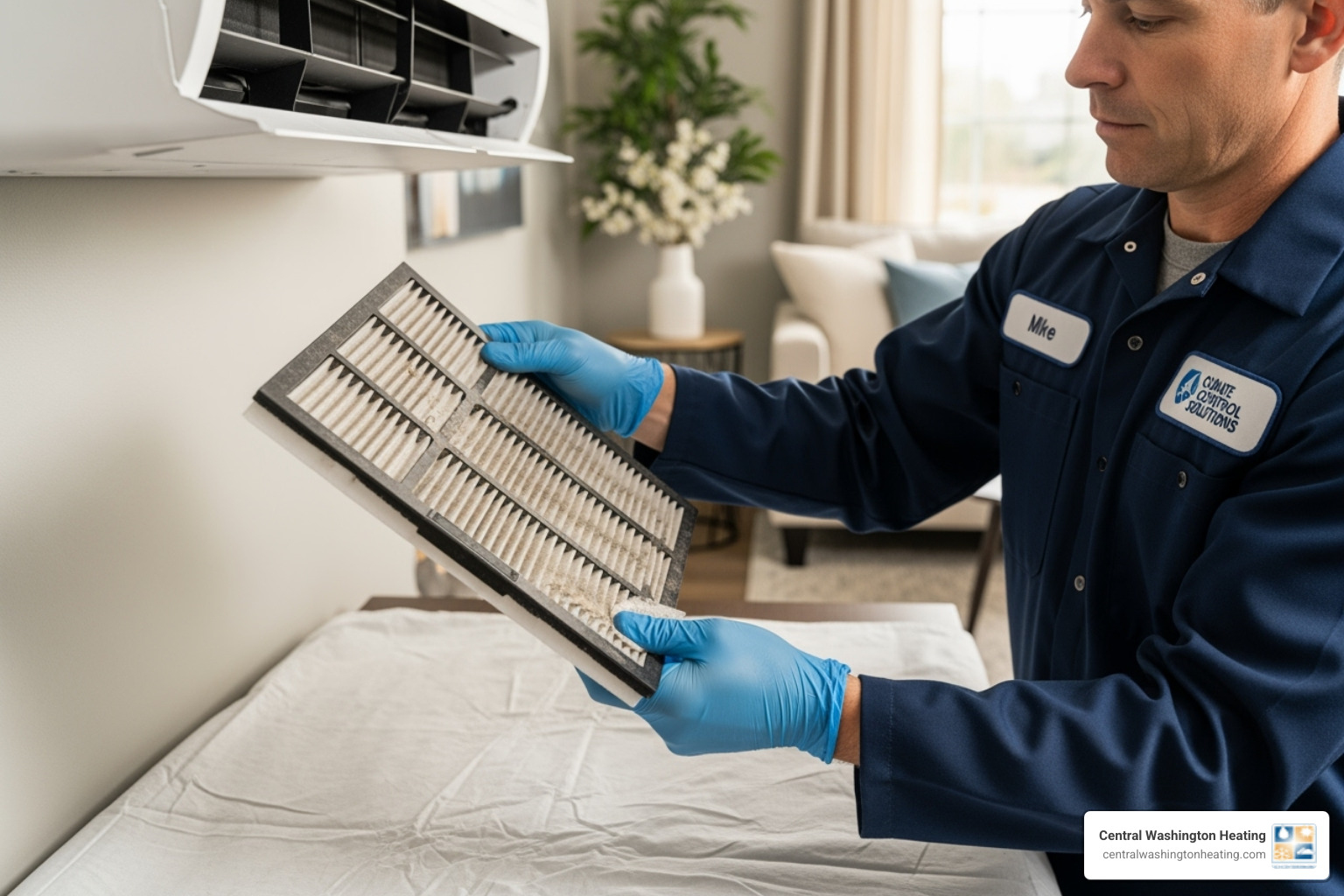 technician cleaning a mini-split filter - AC without ducts