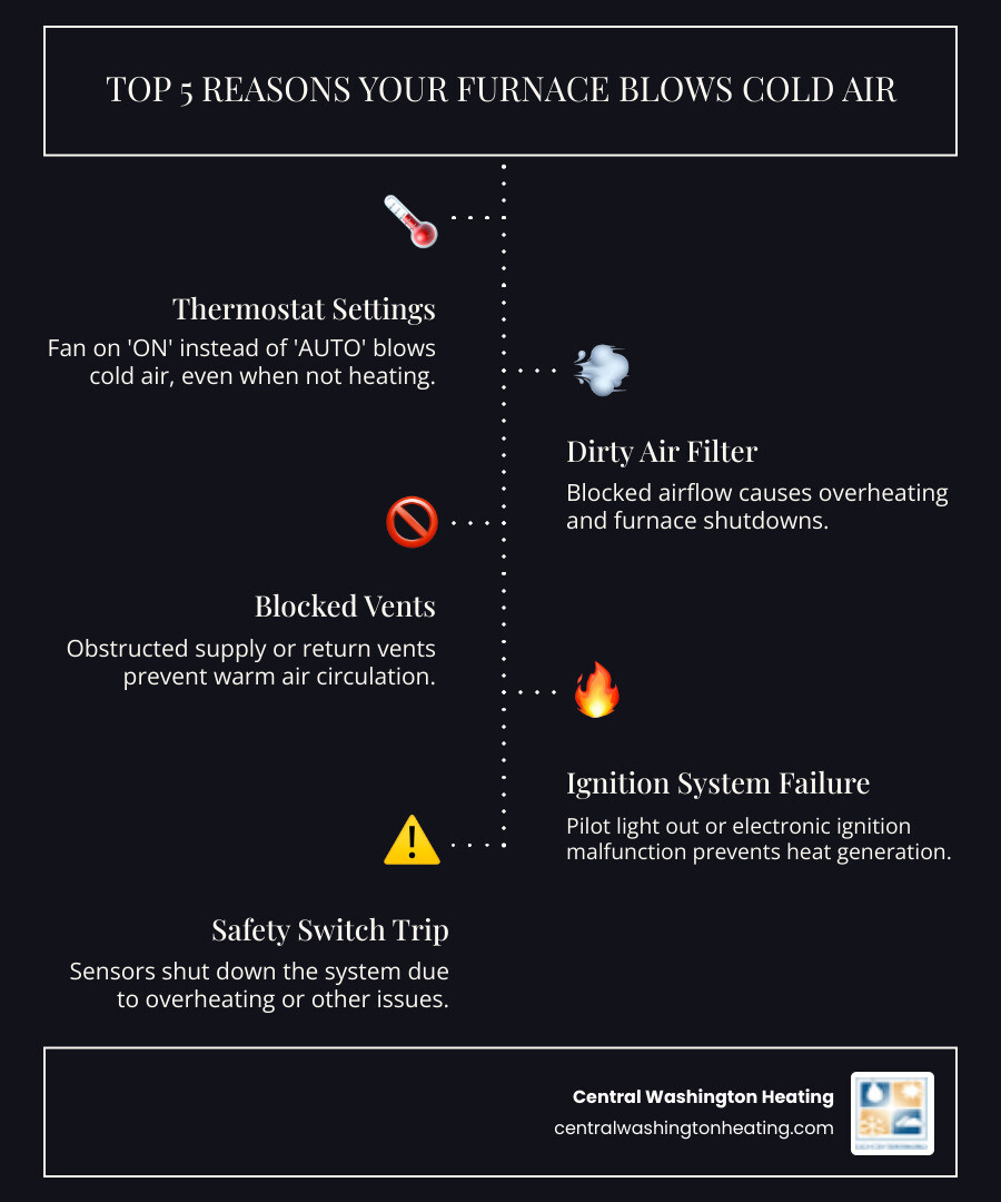 Infographic showing the top 5 reasons a furnace blows cold air: thermostat set incorrectly with fan on ON instead of AUTO, dirty air filter blocking airflow and causing overheating, blocked vents preventing proper air circulation, pilot light or ignition system failure preventing heat generation, and safety switches shutting down the system due to overheating or sensor malfunctions - Furnace blowing cold air infographic infographic-line-5-steps-dark