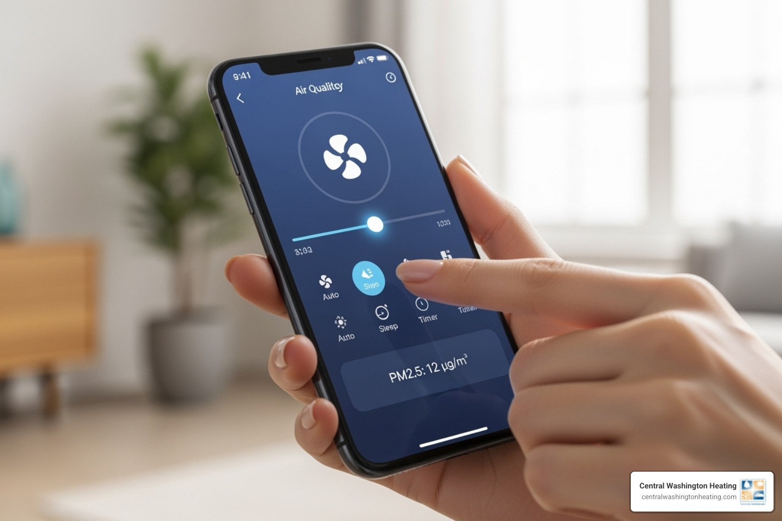 person adjusting their air purifier settings on a smartphone app - air filtration system