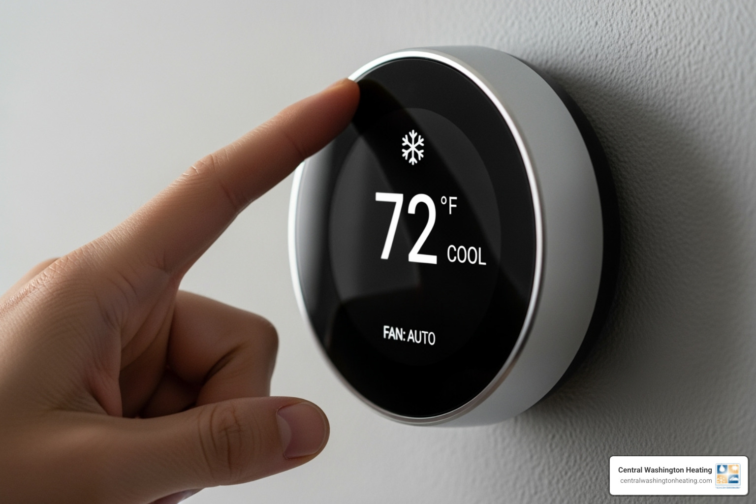 A homeowner adjusting their smart thermostat, ensuring it is set to cooling mode and the fan is on auto - AC blowing hot air A homeowner adjusting their smart thermostat, ensuring it is set to cooling mode and the fan is on auto - AC blowing hot air