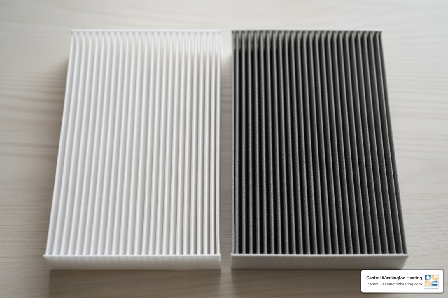 A comparison image showing a brand new, clean white air filter next to a heavily used, dark grey, and visibly dirty air filter, highlighting the contrast in cleanliness - AC blowing hot air A comparison image showing a brand new, clean white air filter next to a heavily used, dark grey, and visibly dirty air filter, highlighting the contrast in cleanliness - AC blowing hot air