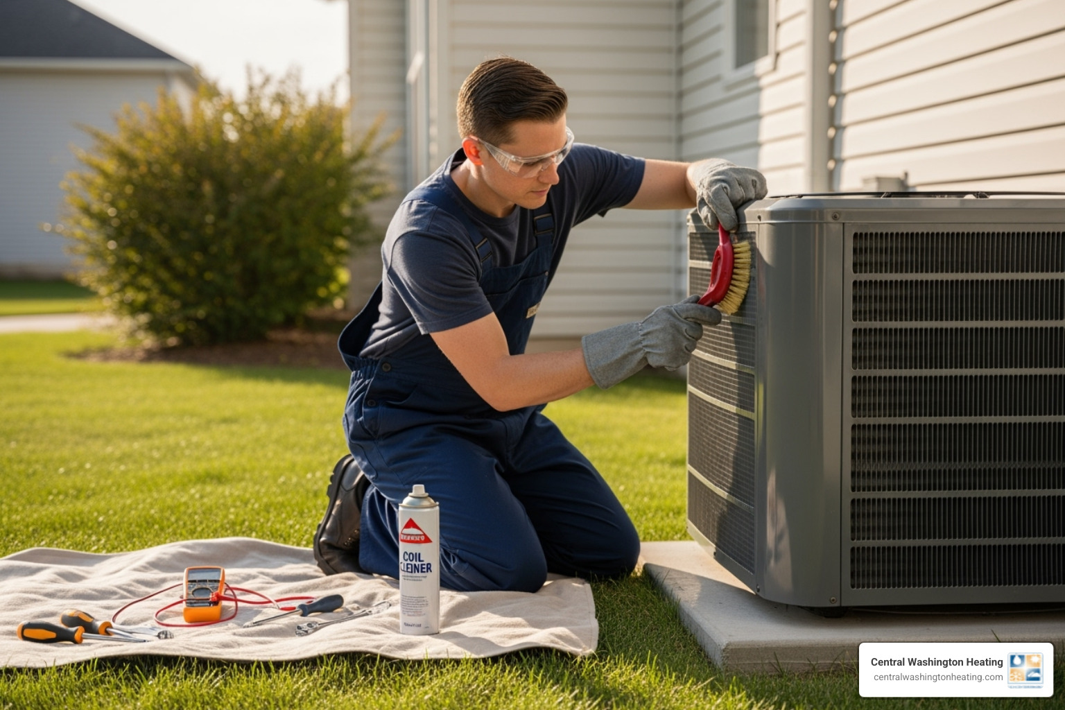 A professional HVAC technician wearing gloves and safety glasses is diligently performing routine maintenance on an outdoor air conditioning unit, cleaning coils and checking components - AC blowing hot air A professional HVAC technician wearing gloves and safety glasses is diligently performing routine maintenance on an outdoor air conditioning unit, cleaning coils and checking components - AC blowing hot air
