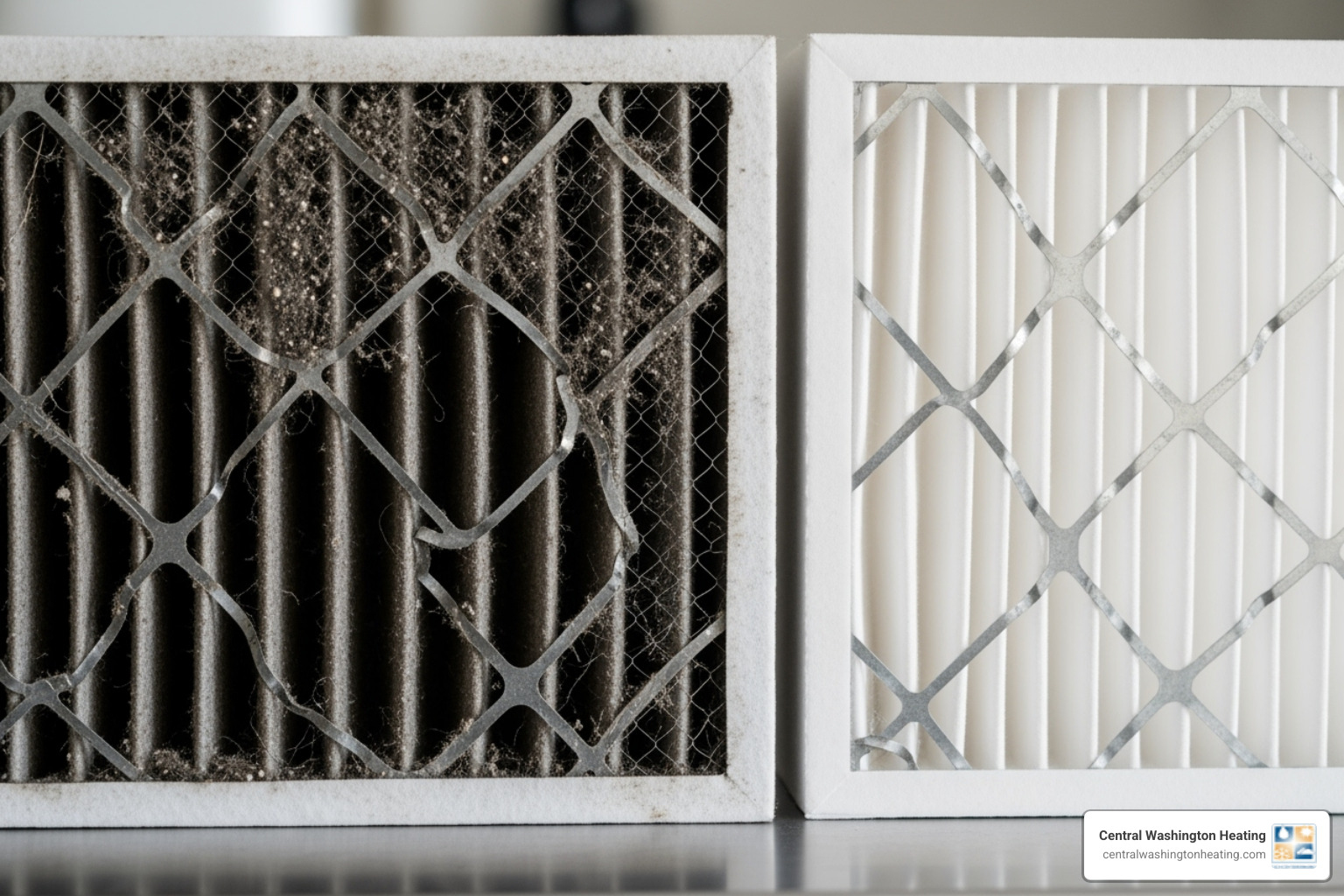 A side-by-side comparison of a dirty, clogged air filter on the left and a new, clean air filter on the right, highlighting the importance of regular filter replacement - HVAC maintenance plan