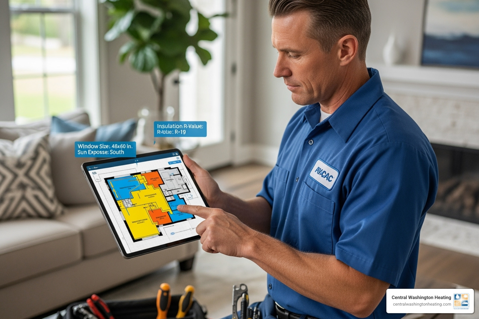 Technician using a tablet to perform a home load calculation, showing a floor plan with various inputs like window sizes and insulation levels - Replace entire AC system Technician using a tablet to perform a home load calculation, showing a floor plan with various inputs like window sizes and insulation levels - Replace entire AC system