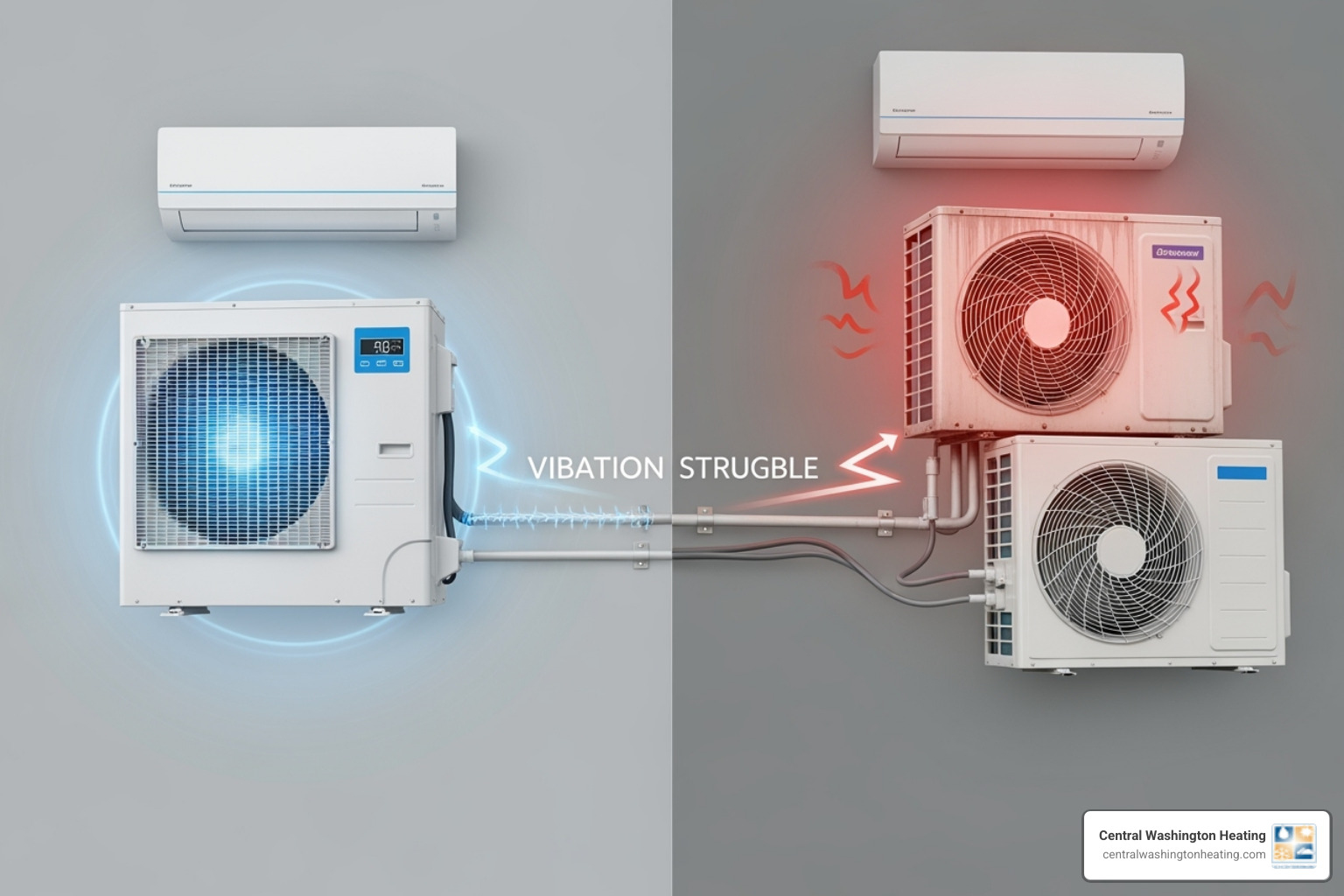 Diagram showing a matched, efficient AC system on one side, with balanced components and smooth energy flow, contrasted with a mismatched, struggling system on the other side, depicting incompatible indoor/outdoor units, stressed components, and wasted energy - Replace entire AC system Diagram showing a matched, efficient AC system on one side, with balanced components and smooth energy flow, contrasted with a mismatched, struggling system on the other side, depicting incompatible indoor/outdoor units, stressed components, and wasted energy - Replace entire AC system