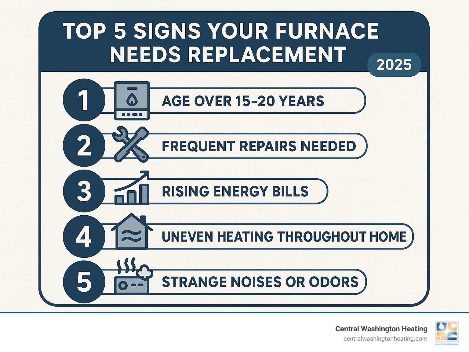 Infographic showing the top 5 signs your furnace needs replacement: age over 15-20 years, frequent repairs needed, rising energy bills, uneven heating throughout home, and strange noises or odors - Furnace replacement services infographic 
