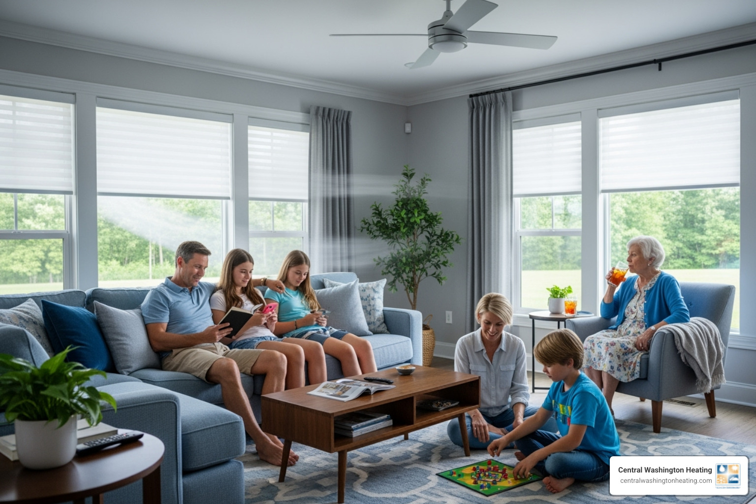 family comfortably relaxing in a cool living room - Annual AC service family comfortably relaxing in a cool living room - Annual AC service