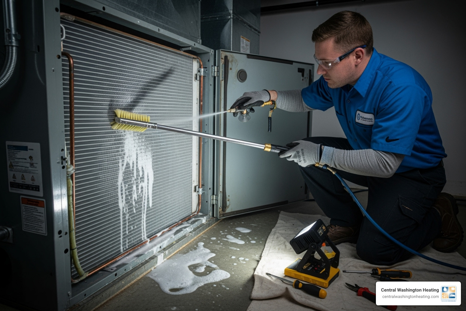 technician carefully cleaning an evaporator coil - Annual AC service technician carefully cleaning an evaporator coil - Annual AC service