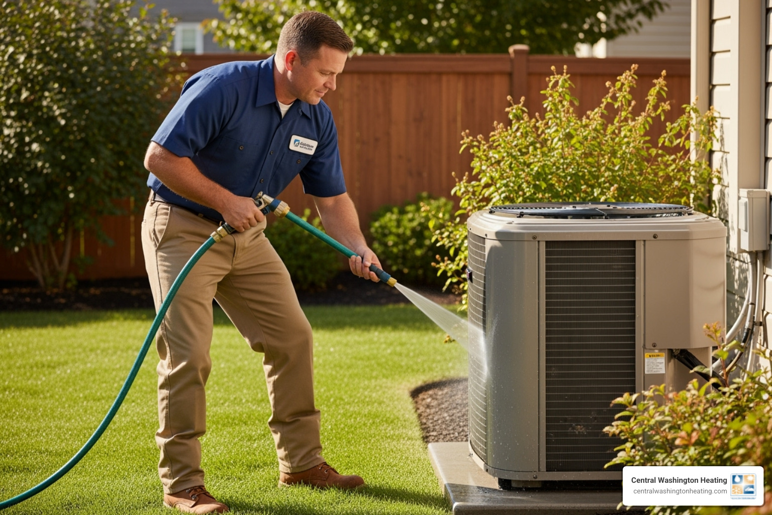 Technician cleaning outdoor condenser coil - HVAC tune up