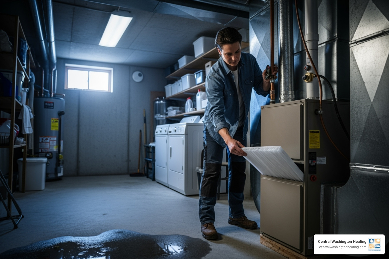 Homeowner replacing a clean air filter in their furnace - HVAC tune up