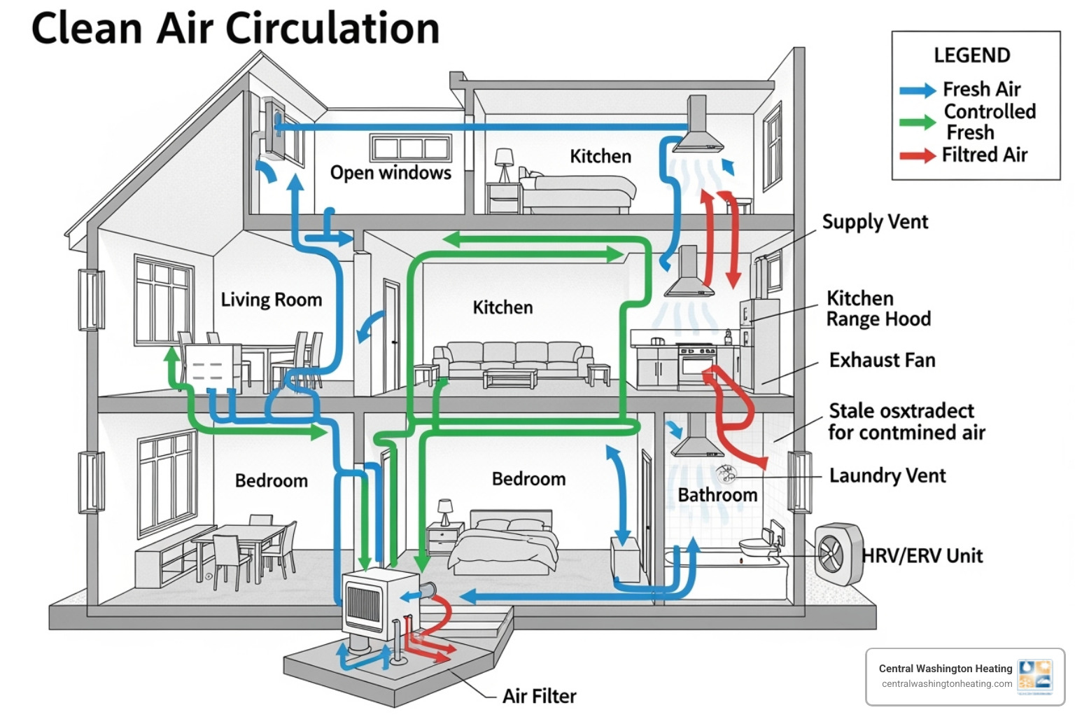 diagram showing clean air circulating through a home - AC service checklist diagram showing clean air circulating through a home - AC service checklist