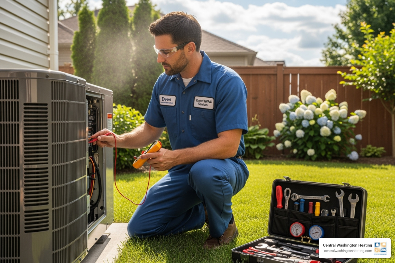 professional technician servicing an outdoor AC unit - AC service checklist professional technician servicing an outdoor AC unit - AC service checklist