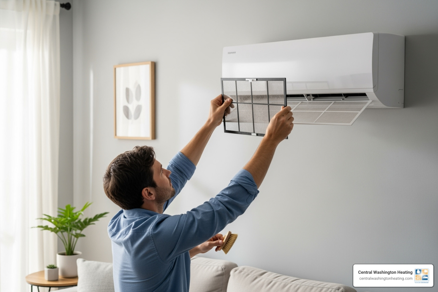 Homeowner easily cleaning the filter of an indoor ductless unit - Ductless AC benefits