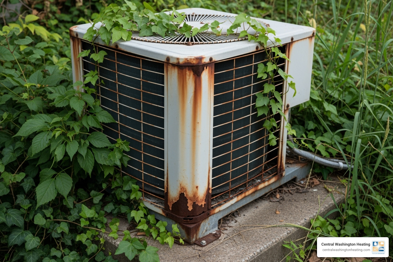 An old, weathered outdoor AC unit with rust and overgrown foliage around it - AC unit replacement